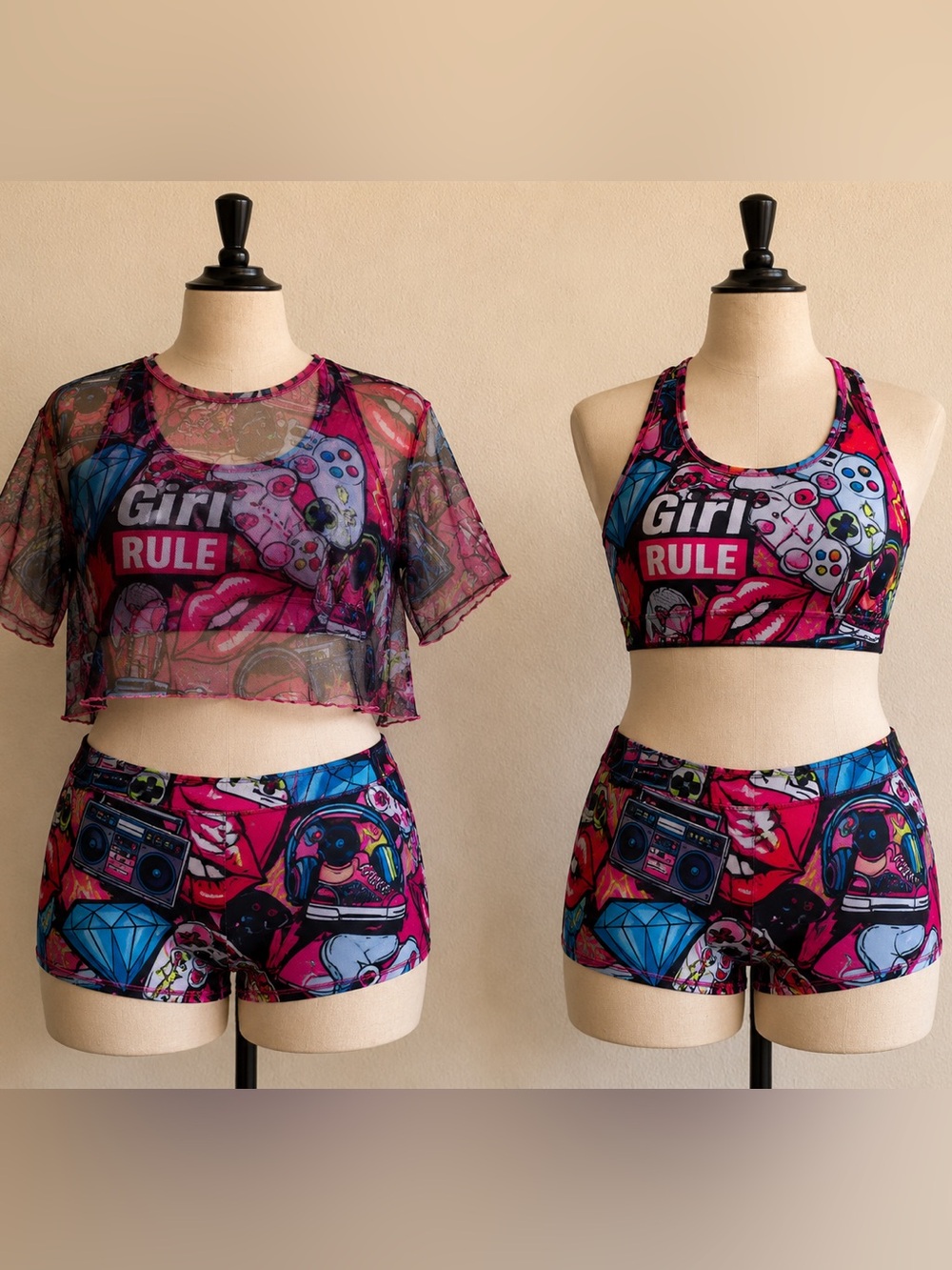 Y2K Gamer Girl 3-Piece Swimsuit Set 🎮💖 Mesh Cover Up | S